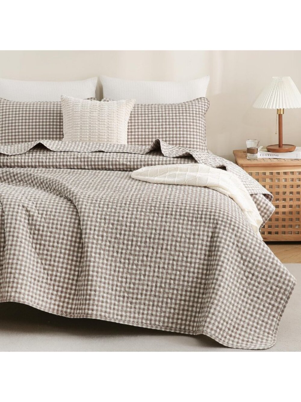 Cozy Tan Gingham Quilt Bedding Set, 100% Cotton Like Linen, Queen Size 96"x90